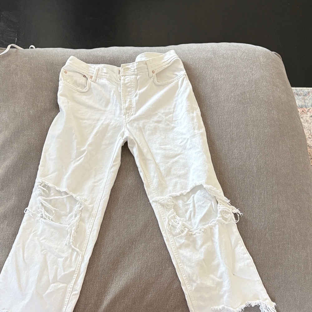 Free People White Distressed Straight Leg Jeans